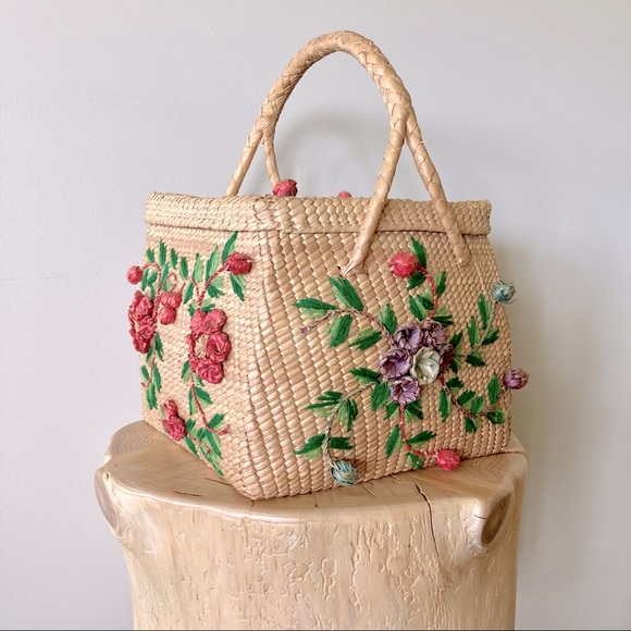 Vintage Basket Bag Woven Flowers & Embroidery 1950